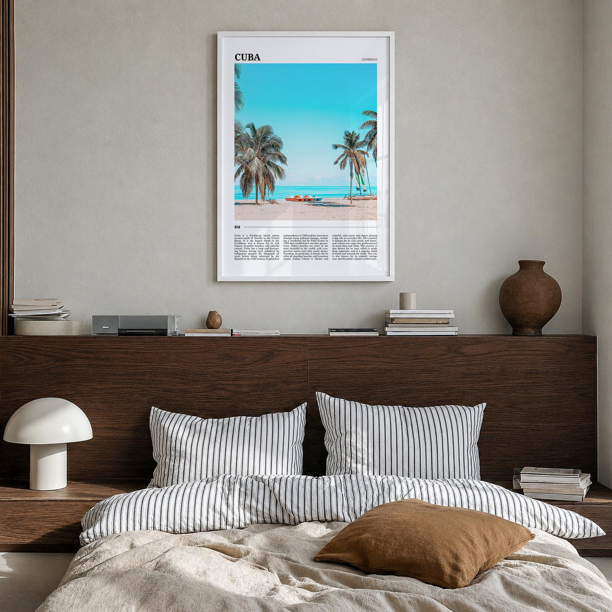Cuba no. 1 colorful travel poster of Caribbean – vertical wall art in white wood frame, hanging on wall