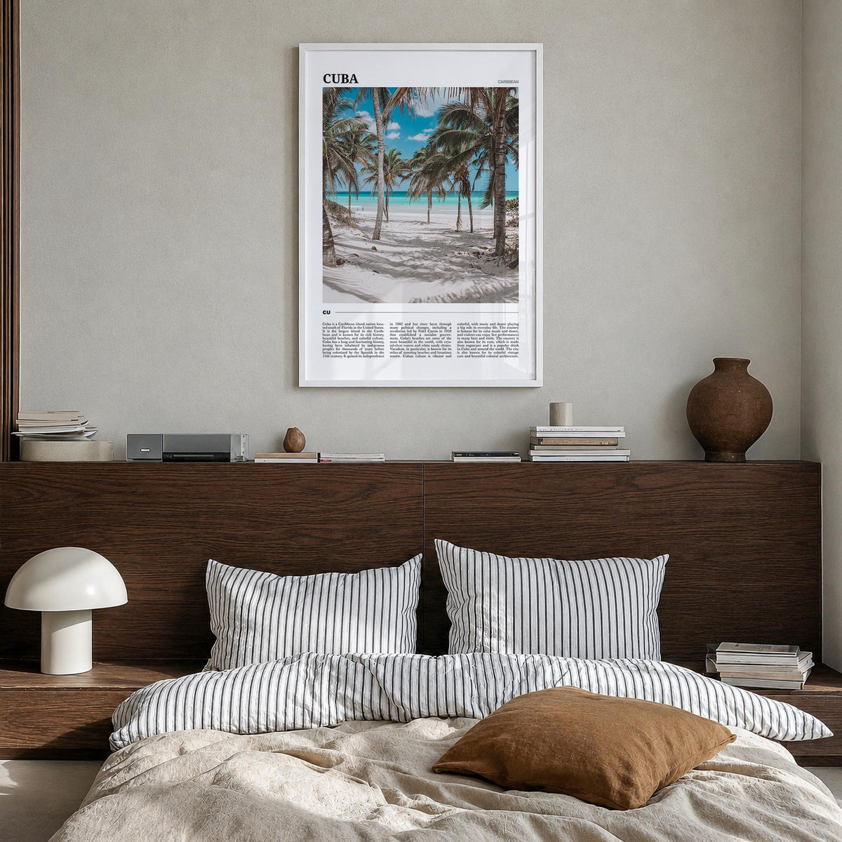Cuba no. 2 colorful travel poster of Caribbean – vertical wall art in white wood frame, hanging on wall