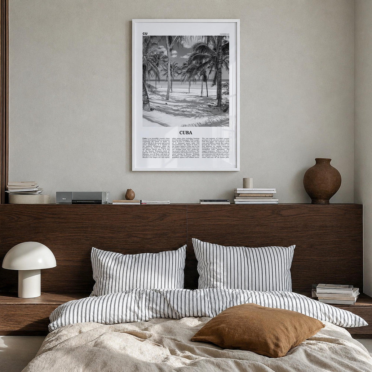 Cuba no. 3 black & white newspaper poster of Caribbean – vertical wall art in white wood frame, hanging on wall