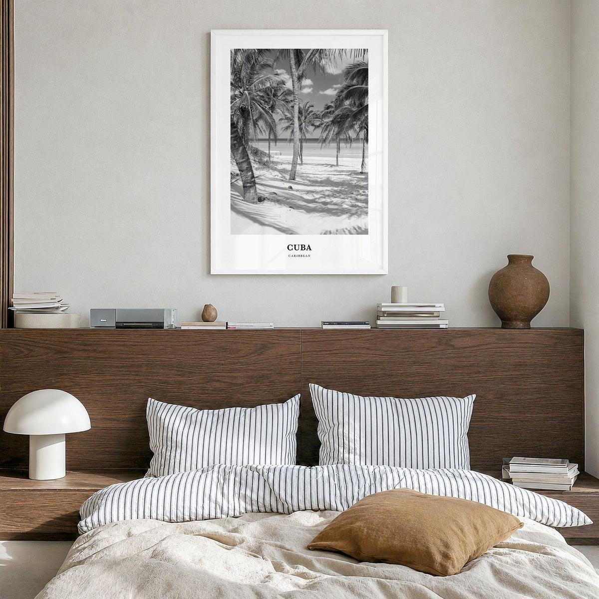 Cuba Classic No 1 Poster in a white wood frame, hanging in a bedroom