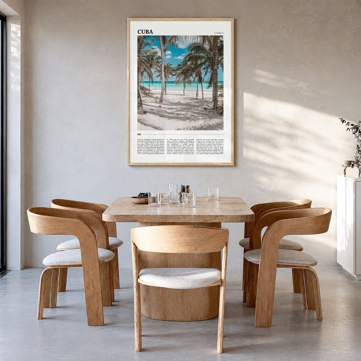 Cuba Travel No 2 Poster in a natural wood frame, hanging in a dining room
