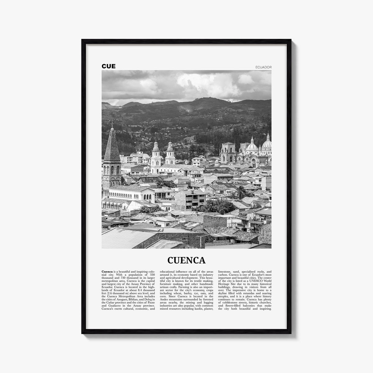 Cuenca, Ecuador black & white newspaper poster of Ecuador – vertical wall art, unframed print shown in interior mockup