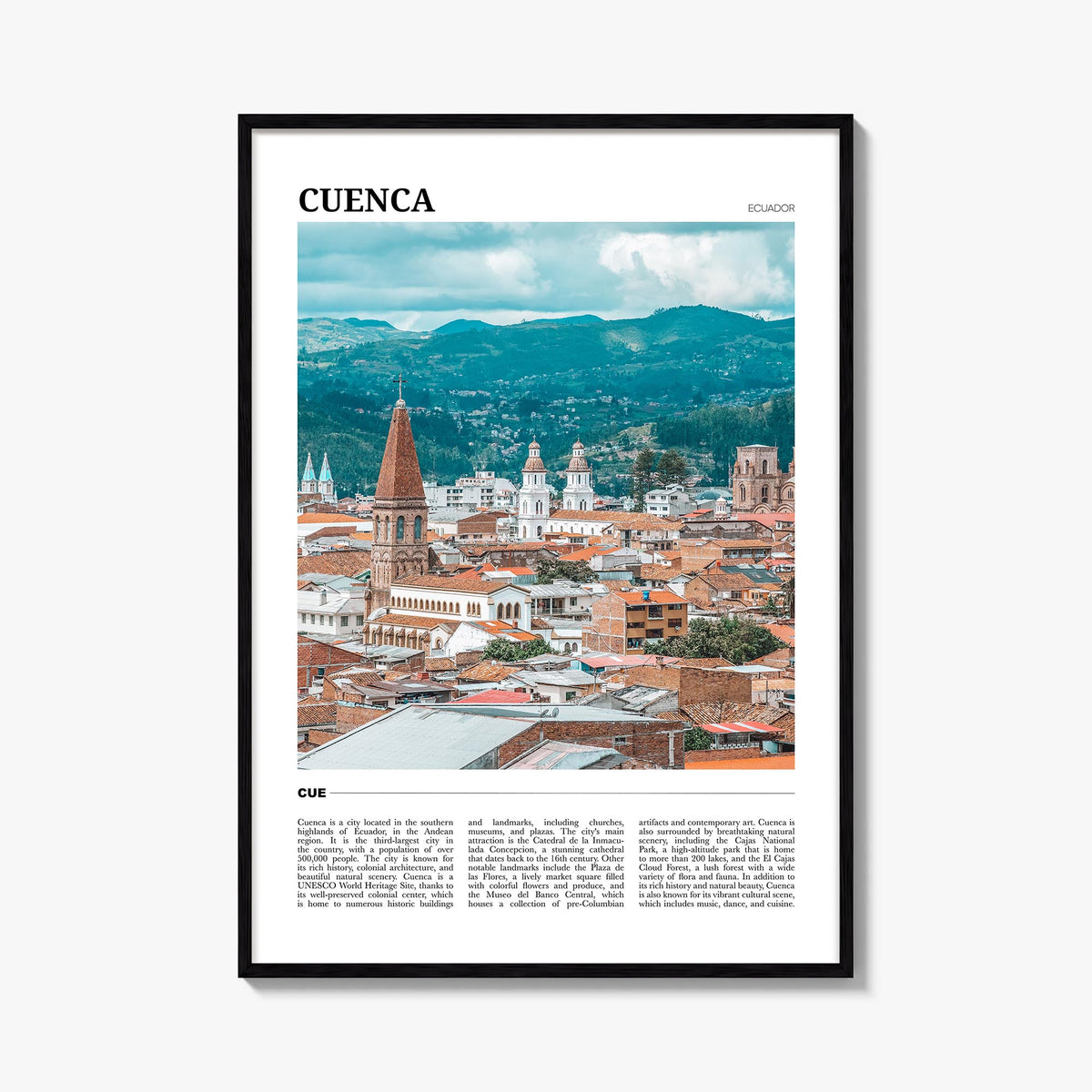 Cuenca, Ecuador colorful travel poster of Ecuador – vertical wall art, unframed print shown in interior mockup