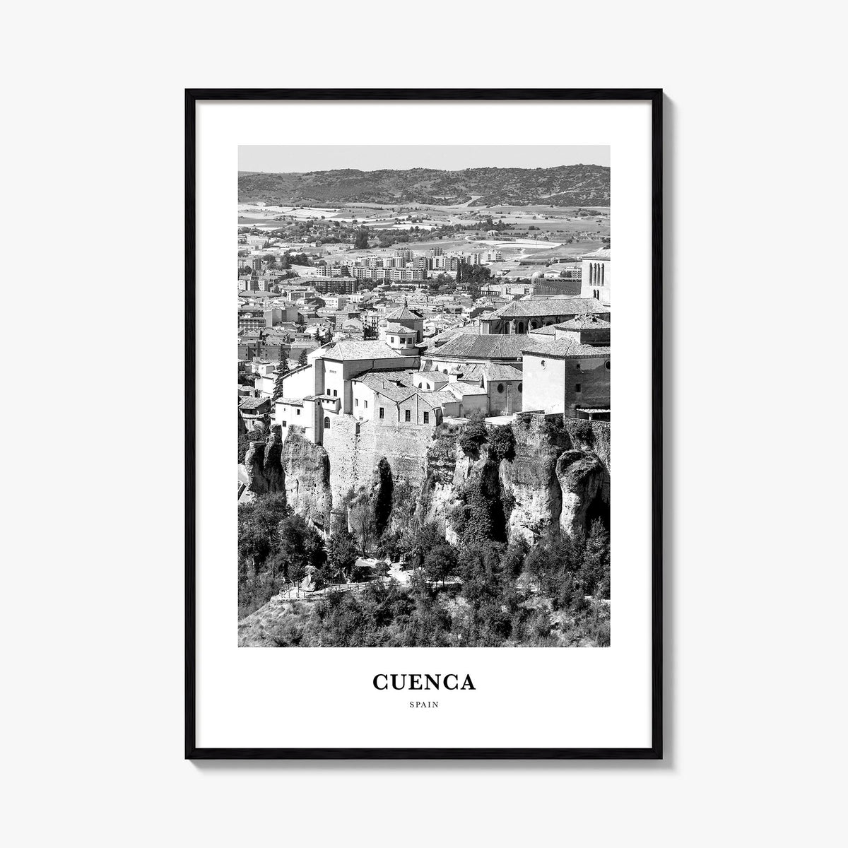 Cuenca, Spain black & white classic poster of Spain – vertical wall art, unframed print shown in interior mockup