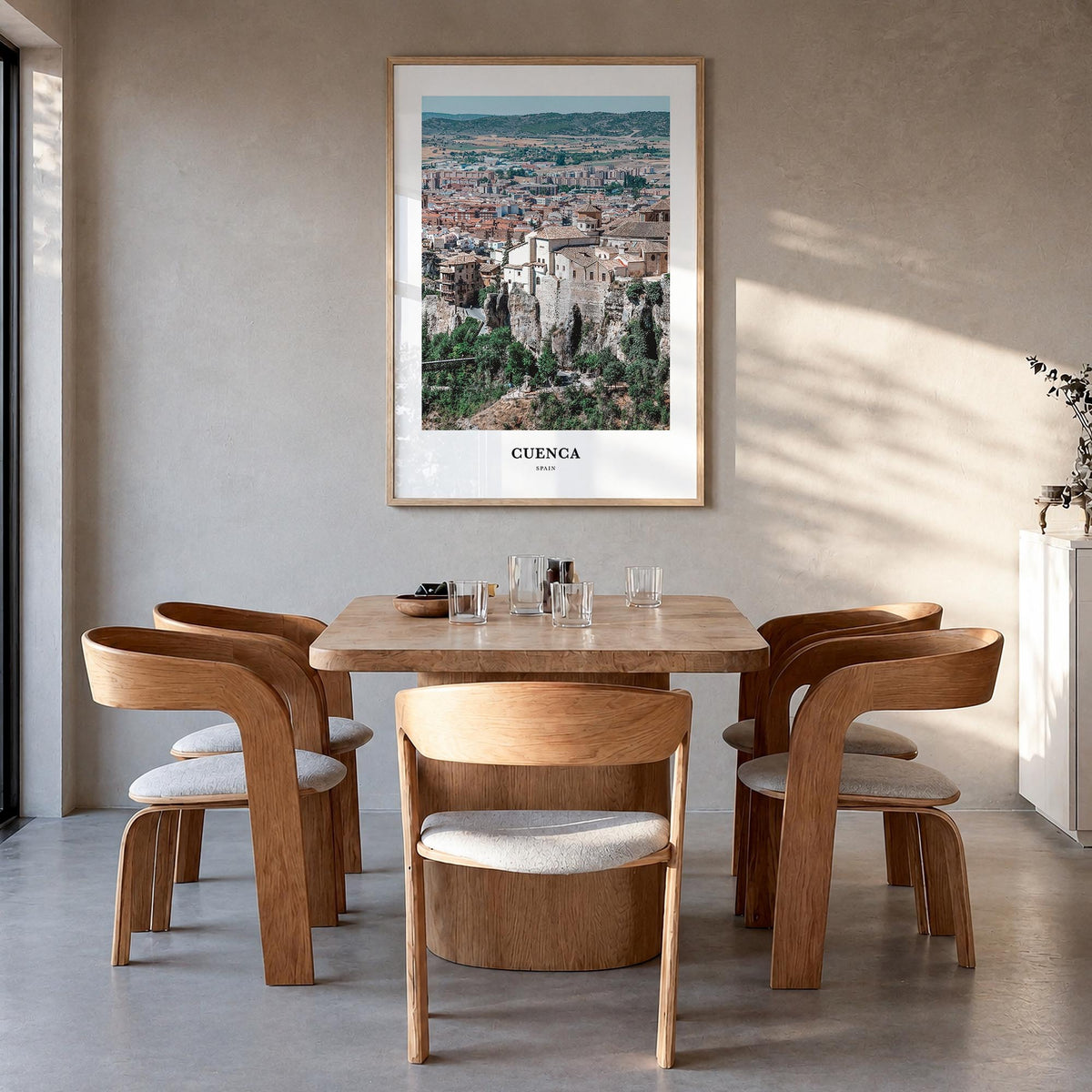 Cuenca, Spain colorful classic poster of Spain – vertical wall art in natural wood frame, hanging on wall