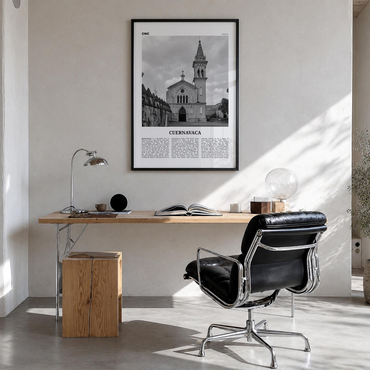 Cuernavaca black & white newspaper poster of Mexico – vertical wall art in black wood frame, hanging on wall