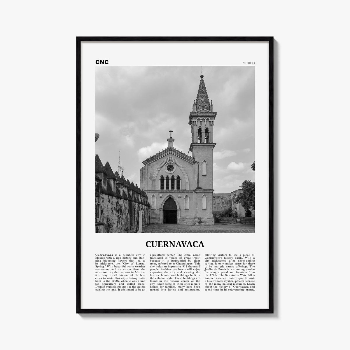 Cuernavaca black & white newspaper poster of Mexico – vertical wall art, unframed print shown in interior mockup