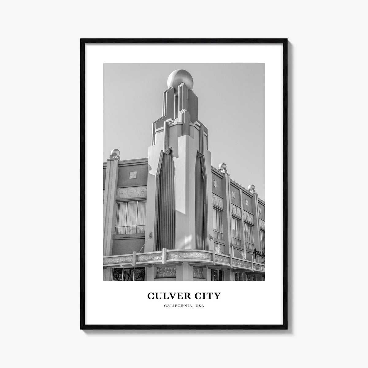 Culver City black & white classic poster of California, USA – vertical wall art, unframed print shown in interior mockup