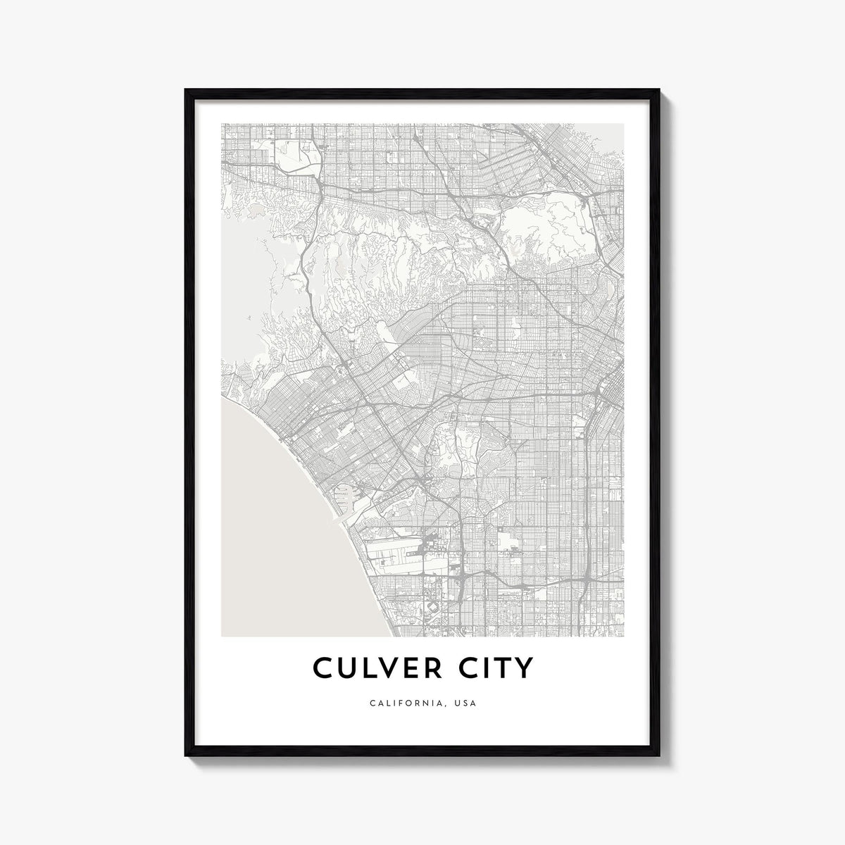 Culver City black & white map poster of California, USA – vertical wall art, unframed print shown in interior mockup