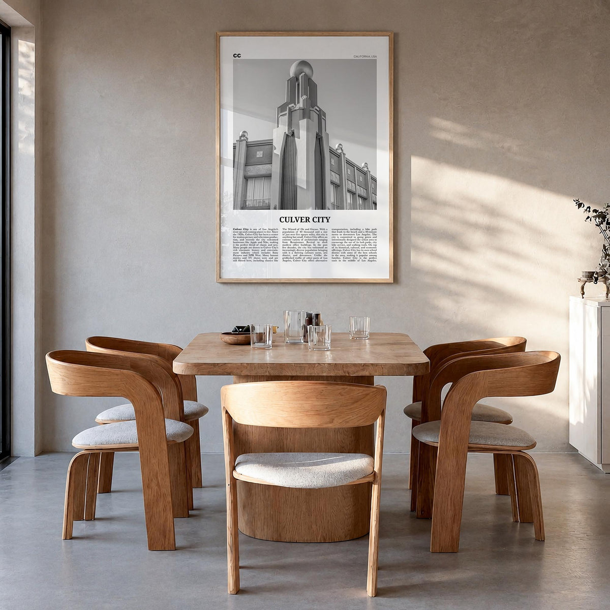 Culver City black & white newspaper poster of California, USA – vertical wall art in natural wood frame, hanging on wall