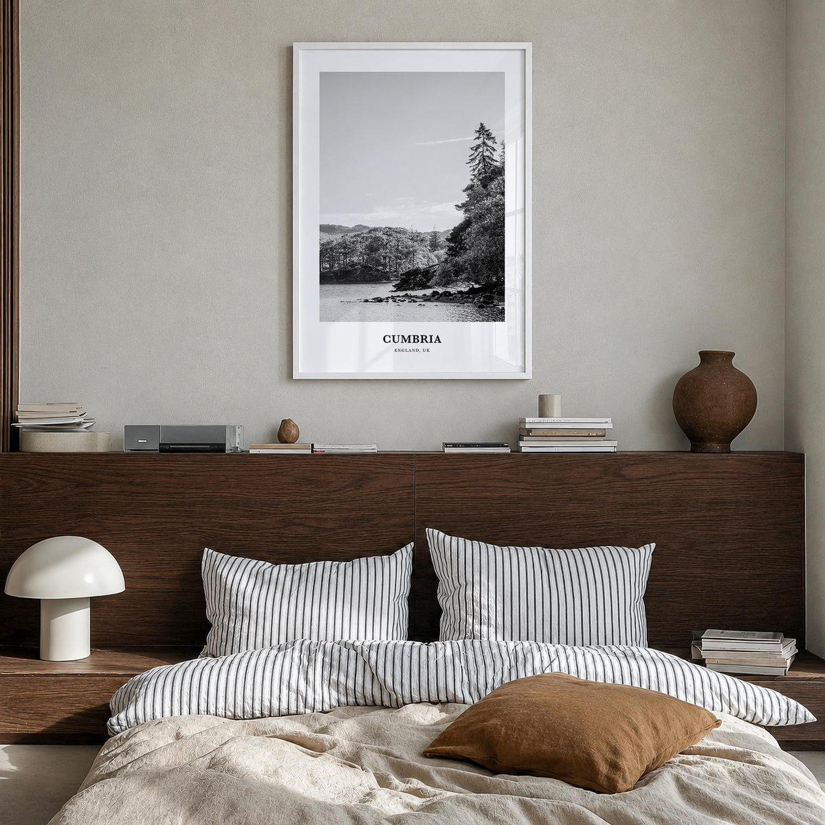Cumbria black & white classic poster of United Kingdom – vertical wall art in white wood frame, hanging on wall