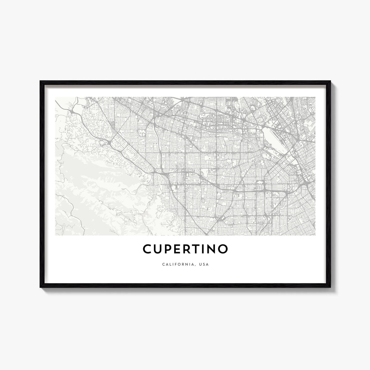 Cupertino black & white map poster of California, USA – horizontal wall art, unframed print shown in interior mockup