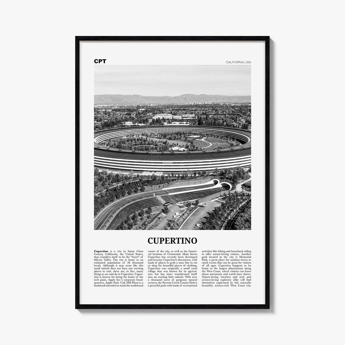 Cupertino black & white newspaper poster of California, USA – vertical wall art, unframed print shown in interior mockup