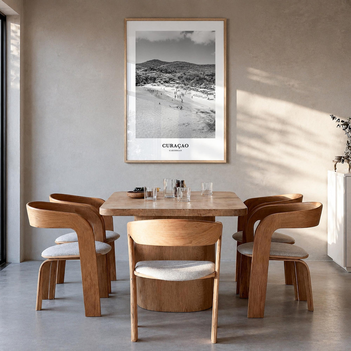 Curaçao black & white classic poster of Caribbean – vertical wall art in natural wood frame, hanging on wall