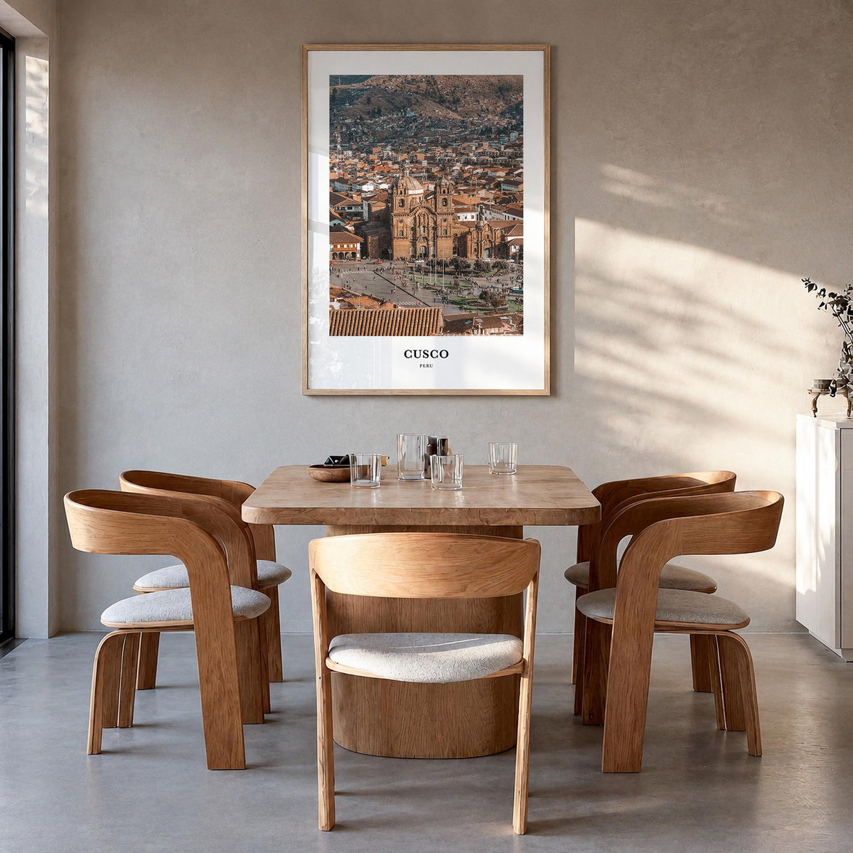 Cusco colorful classic poster of Peru – vertical wall art in natural wood frame, hanging on wall
