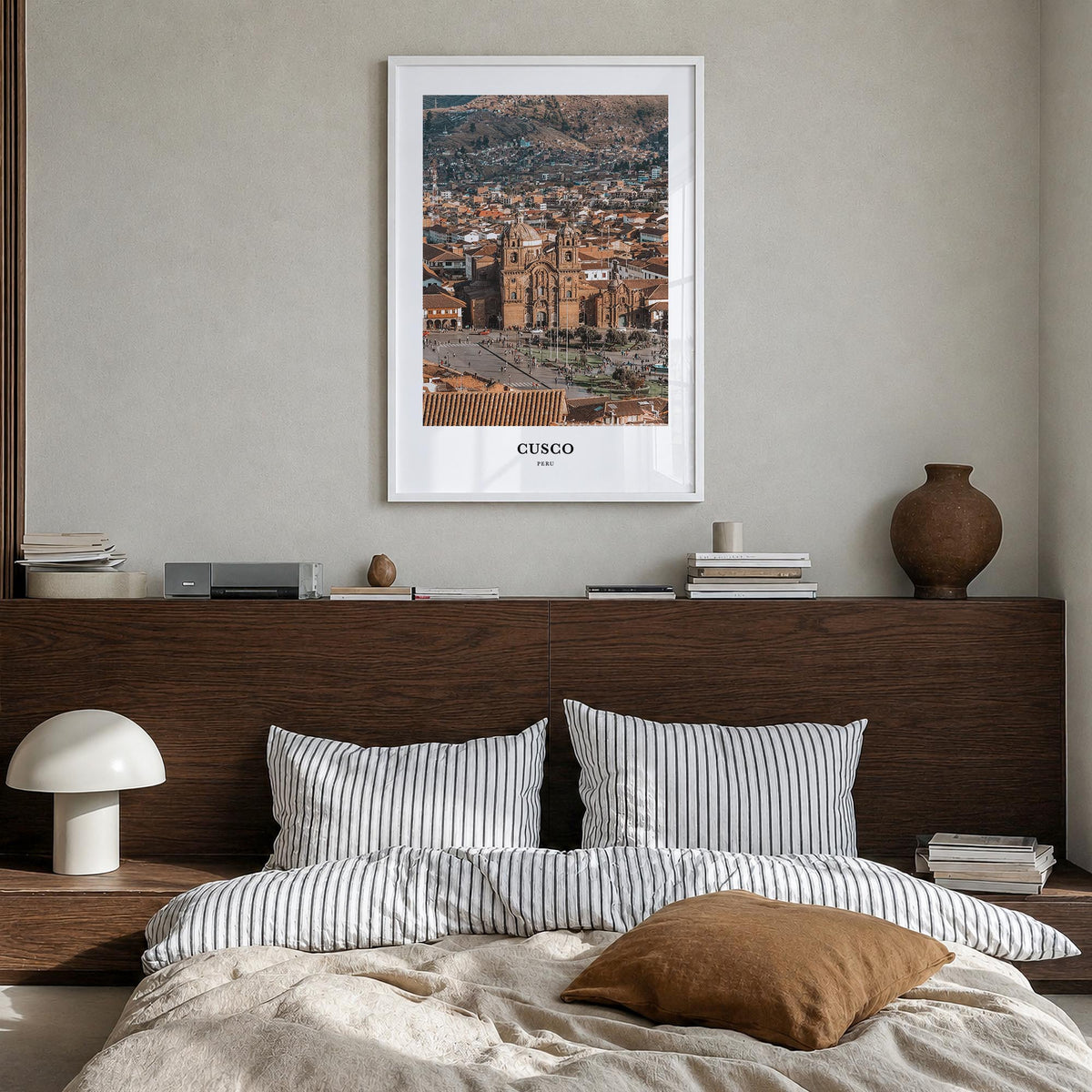 Cusco colorful classic poster of Peru – vertical wall art in white wood frame, hanging on wall