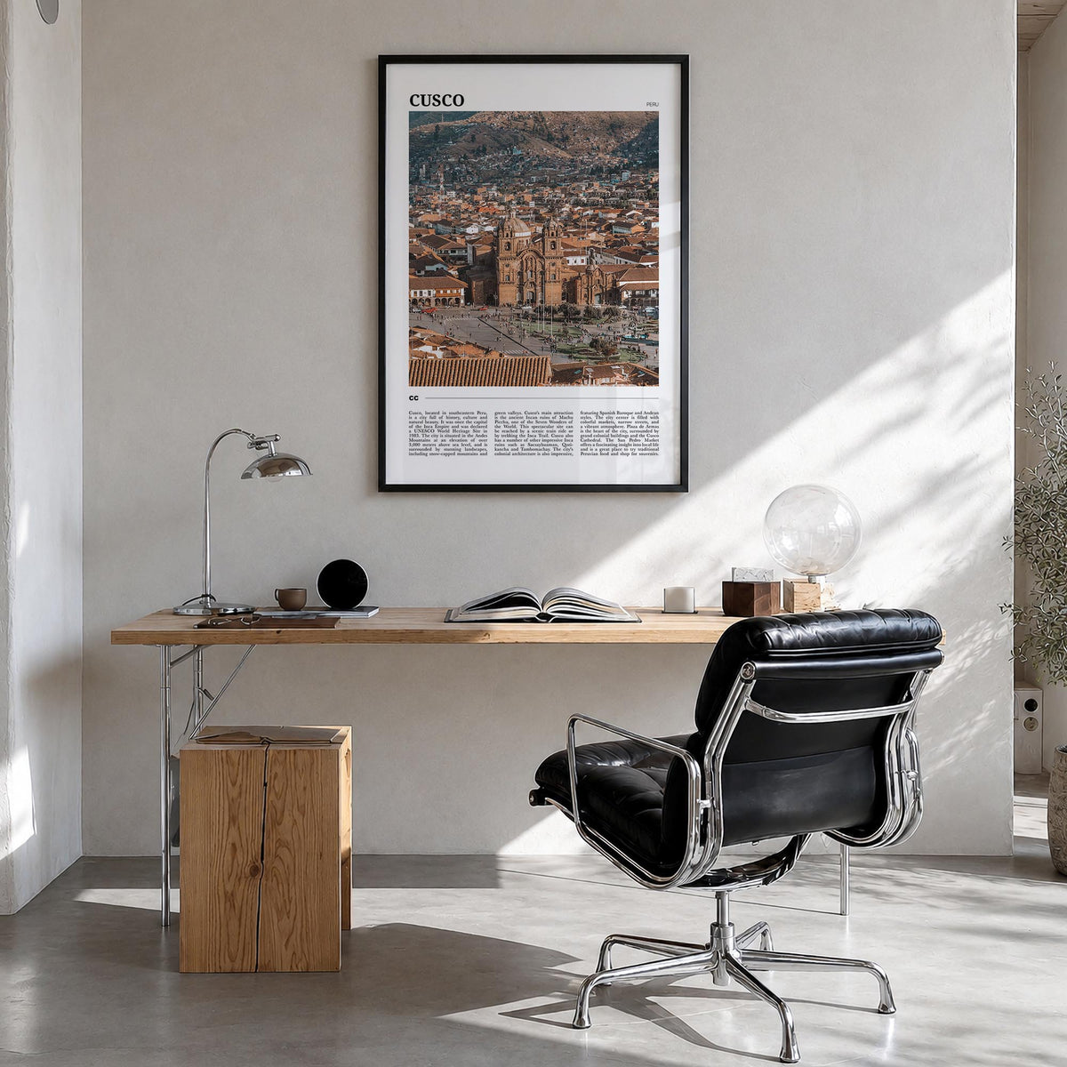 Cusco colorful travel poster of Peru – vertical wall art in black wood frame, hanging on wall