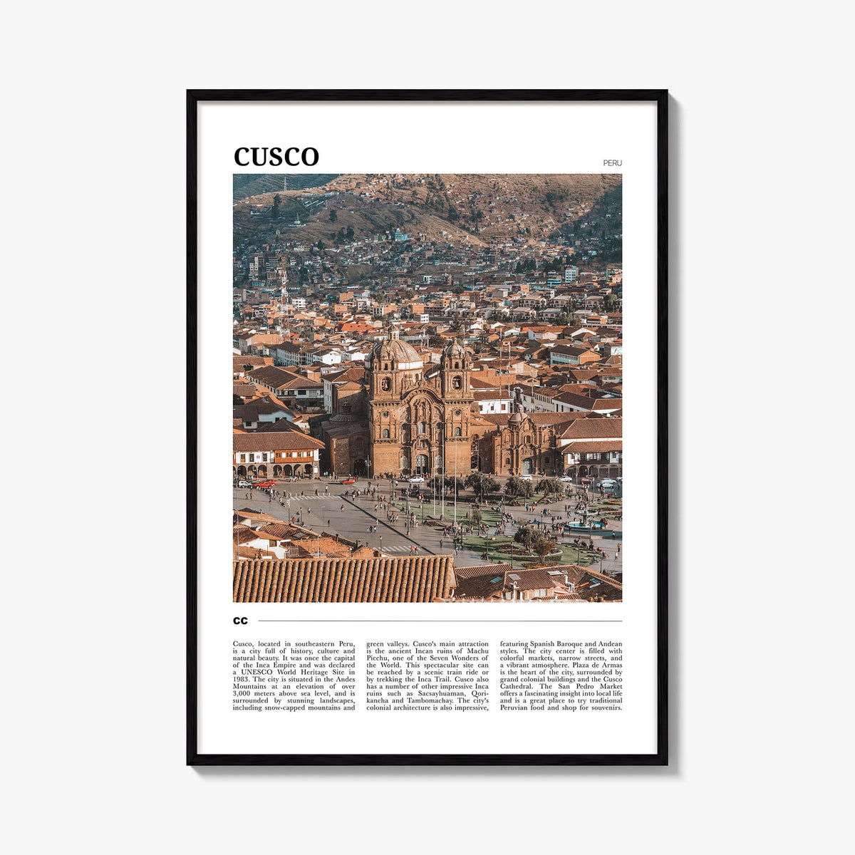 Cusco colorful travel poster of Peru – vertical wall art, unframed print shown in interior mockup