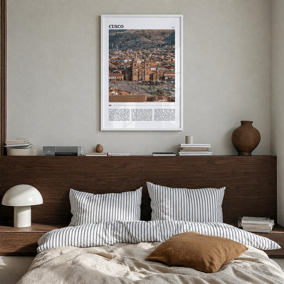 Cusco colorful travel poster of Peru – vertical wall art in white wood frame, hanging on wall