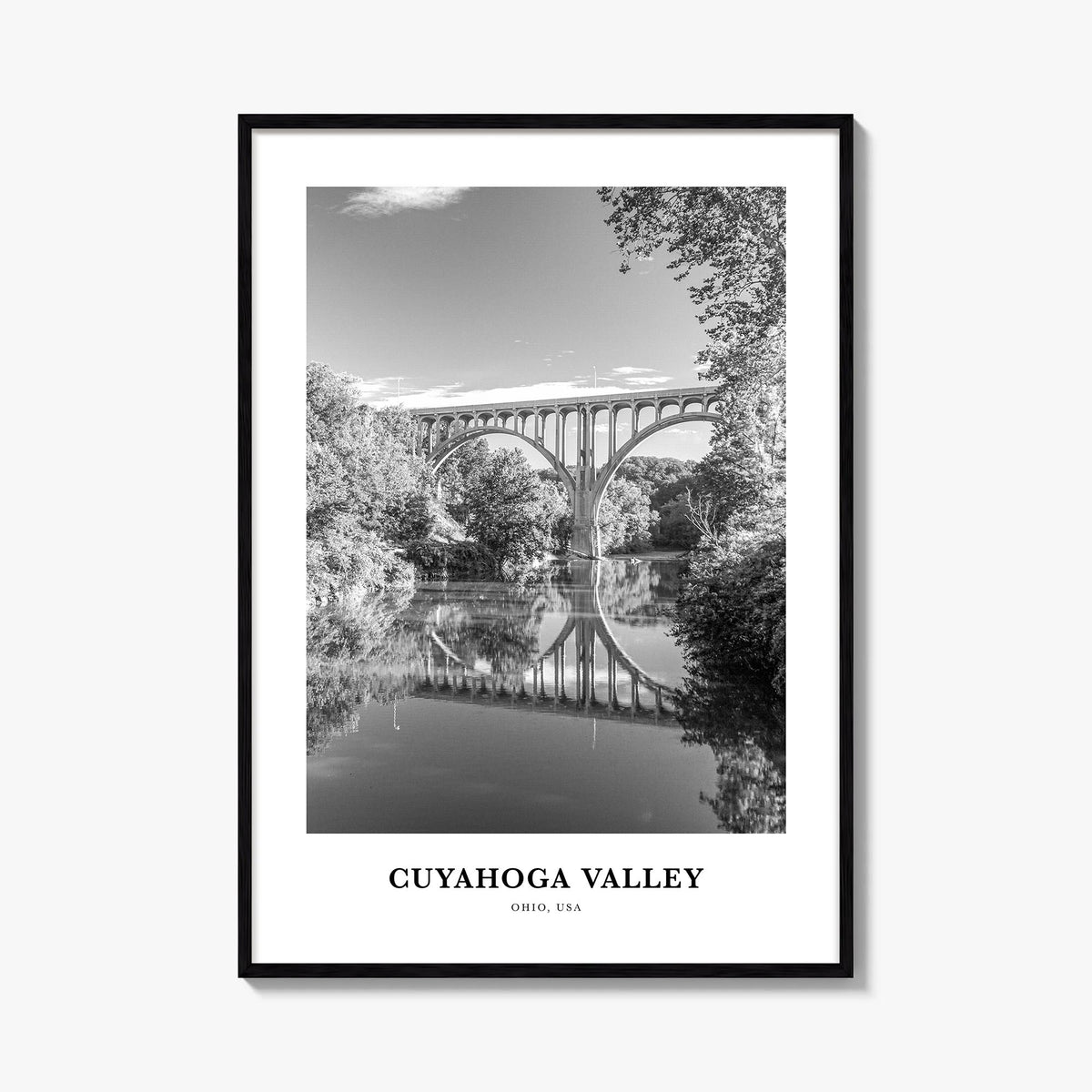 Cuyahoga Valley black & white classic poster of Ohio, USA – vertical wall art, unframed print shown in interior mockup