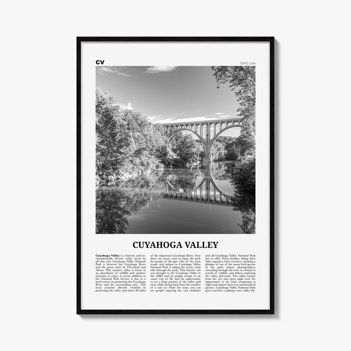 Cuyahoga Valley black & white newspaper poster of Ohio, USA – vertical wall art, unframed print shown in interior mockup