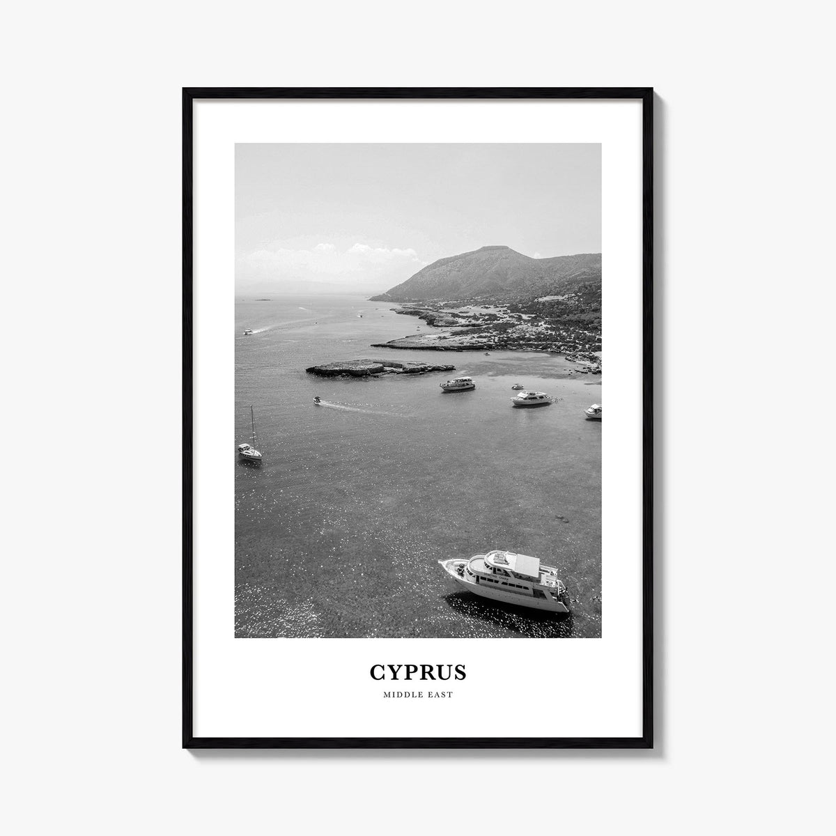 Cyprus black & white classic poster of Europe – vertical wall art, unframed print shown in interior mockup