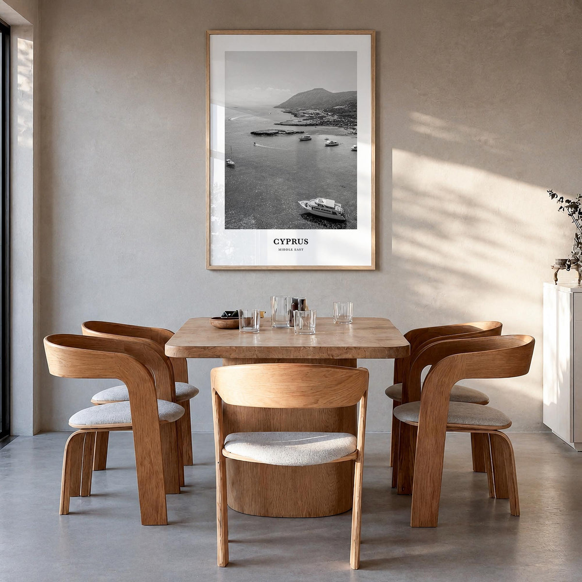 Cyprus black & white classic poster of Europe – vertical wall art in natural wood frame, hanging on wall