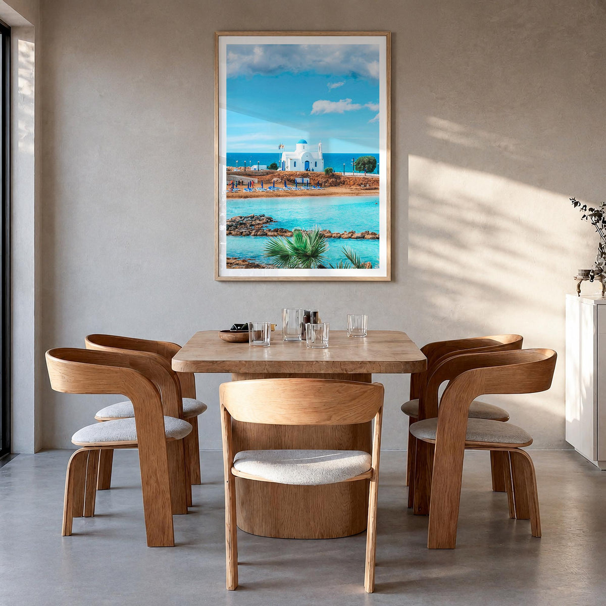 Cyprus colorful photo poster of Europe – vertical wall art in natural wood frame with white border, hanging on wall