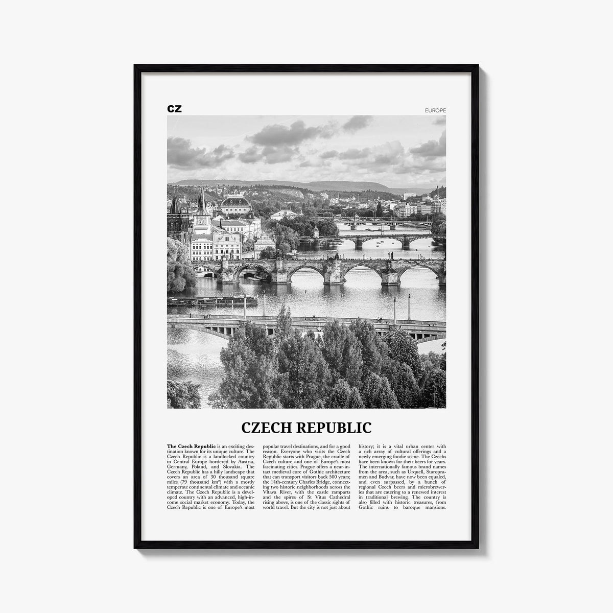 Czech Republic black & white newspaper poster of Czechia – vertical wall art, unframed print shown in interior mockup