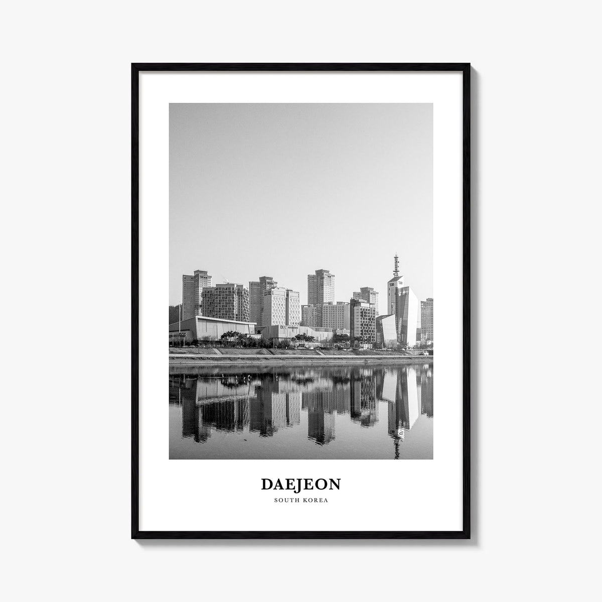 Daejeon black & white classic poster of South Korea – vertical wall art, unframed print shown in interior mockup
