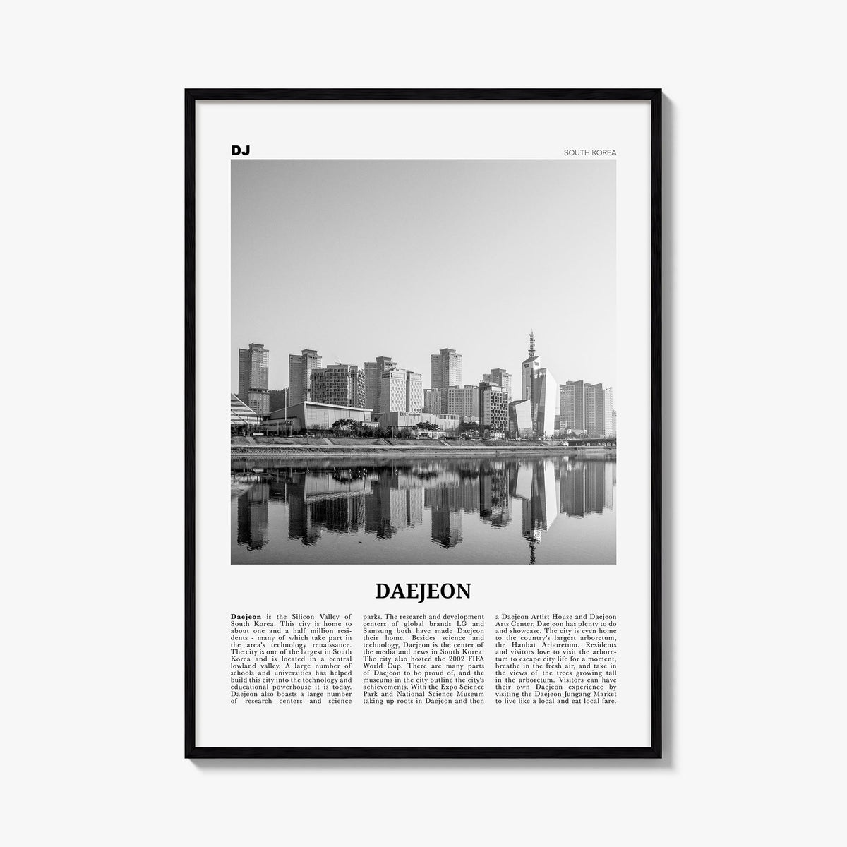Daejeon black & white newspaper poster of South Korea – vertical wall art, unframed print shown in interior mockup
