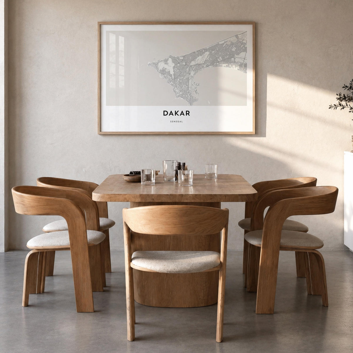 Dakar black & white map poster of Senegal – horizontal wall art in natural wood frame, hanging on wall