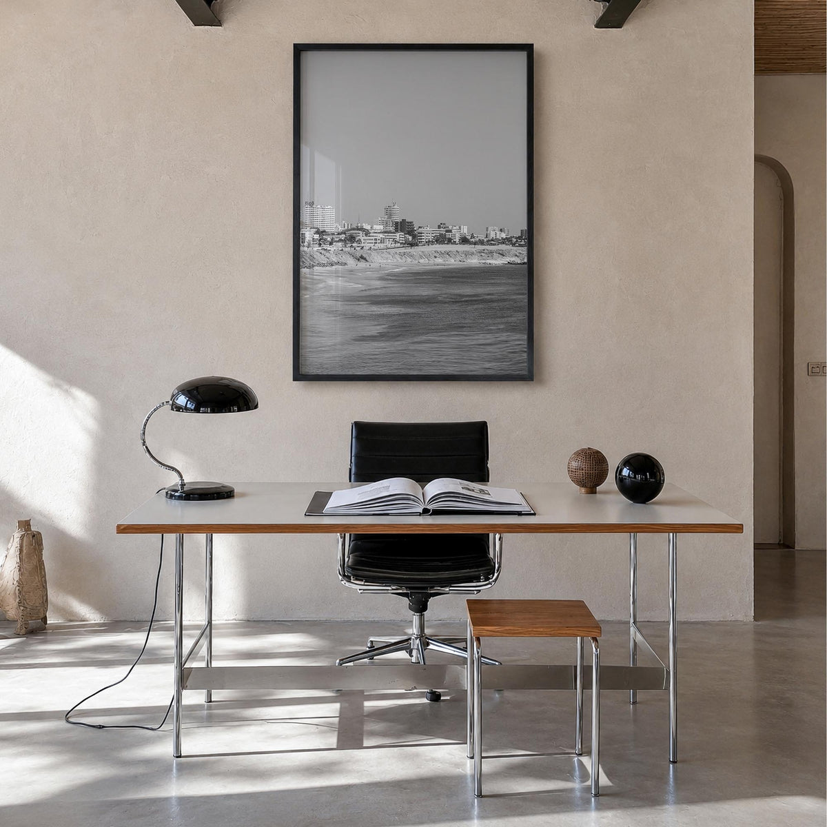 Dakar black & white photo poster of Senegal – vertical wall art in black wood frame, hanging on wall