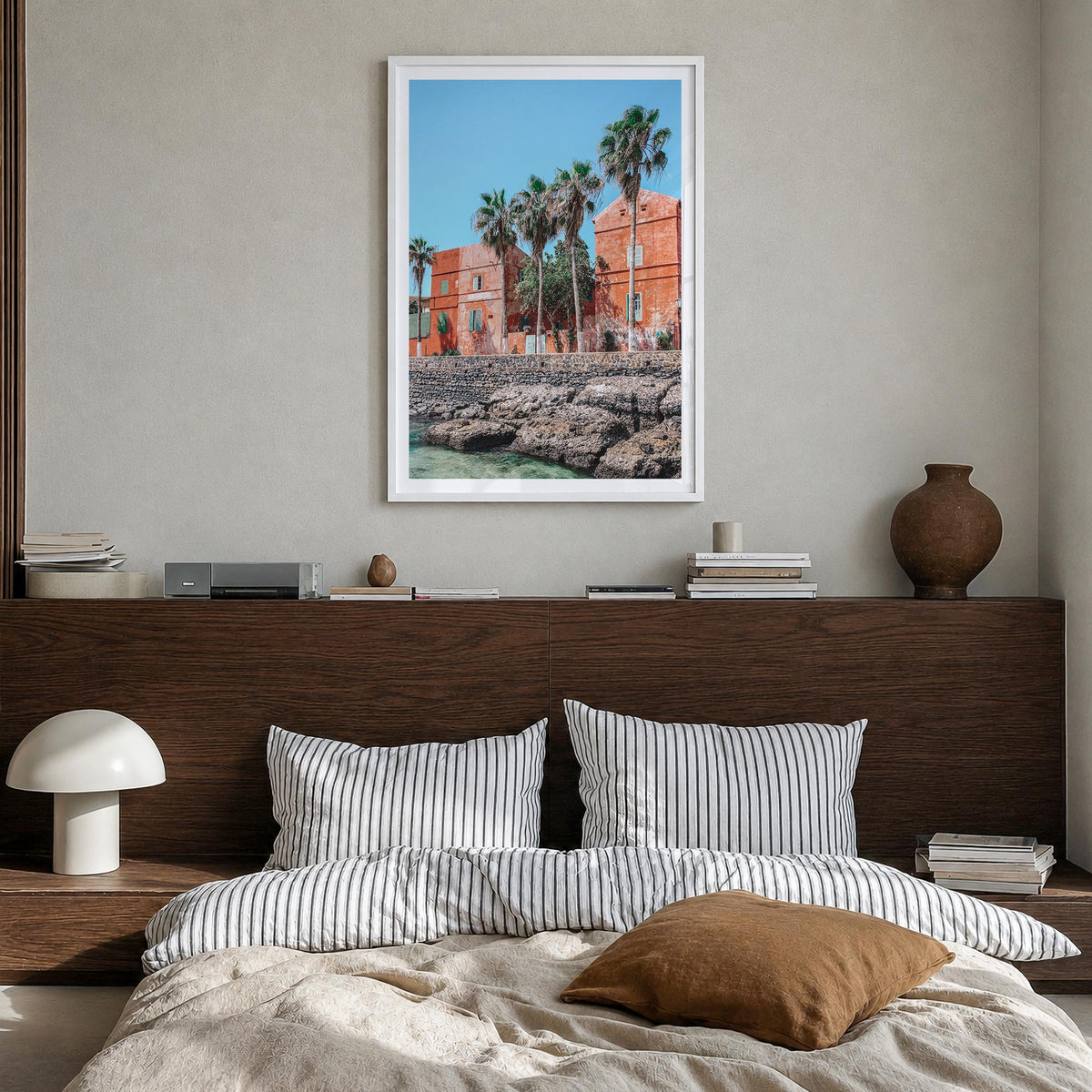 Dakar colorful photo poster of Senegal – vertical wall art in white wood frame with white border, hanging on wall