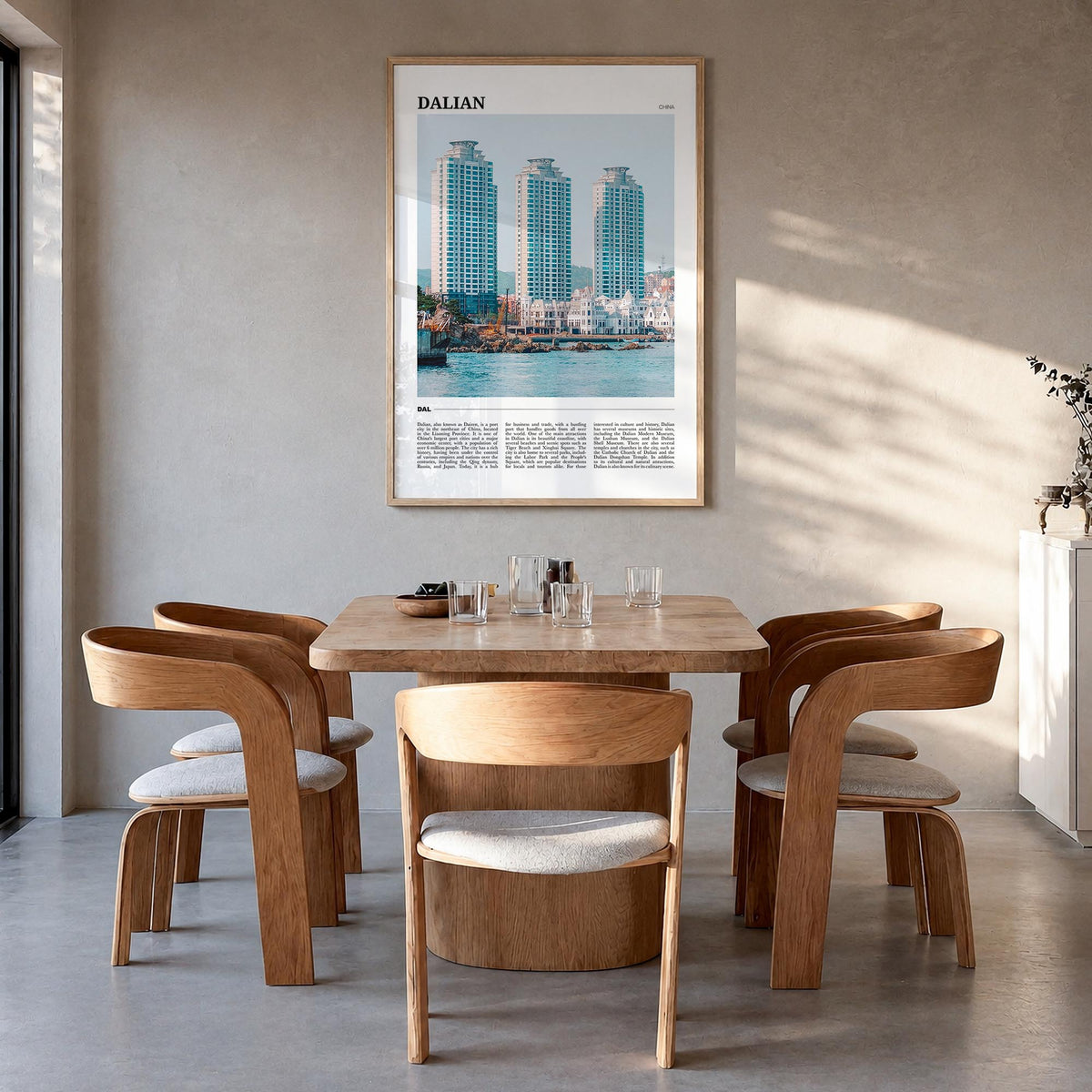 Dalian colorful travel poster of China – vertical wall art in natural wood frame, hanging on wall