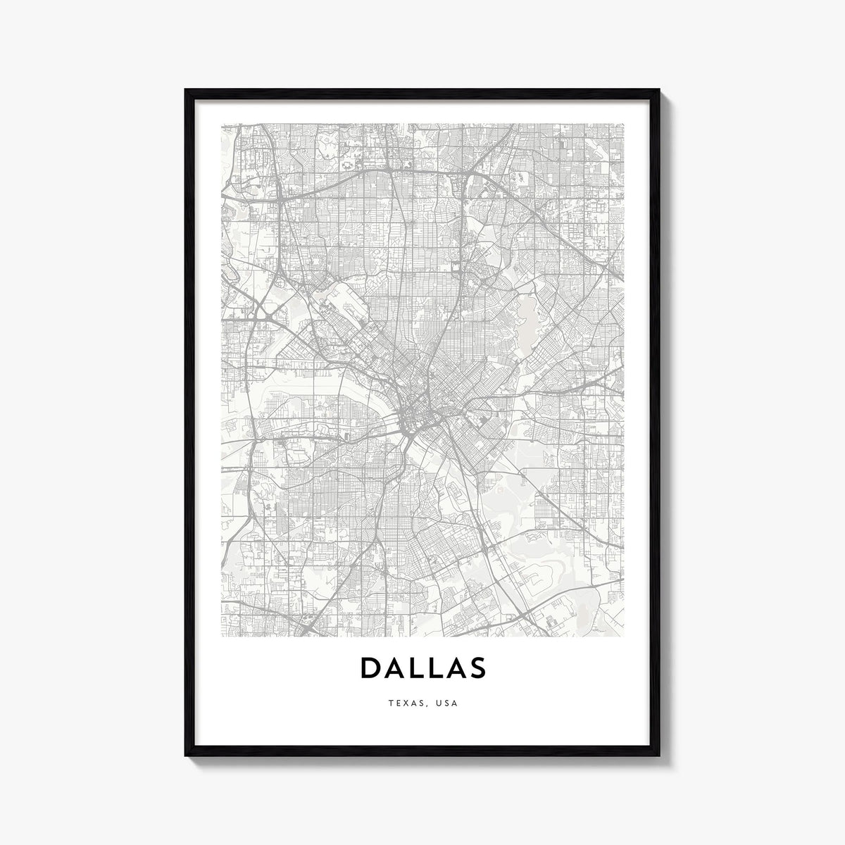 Dallas black & white map poster of Texas, USA – vertical wall art, unframed print shown in interior mockup