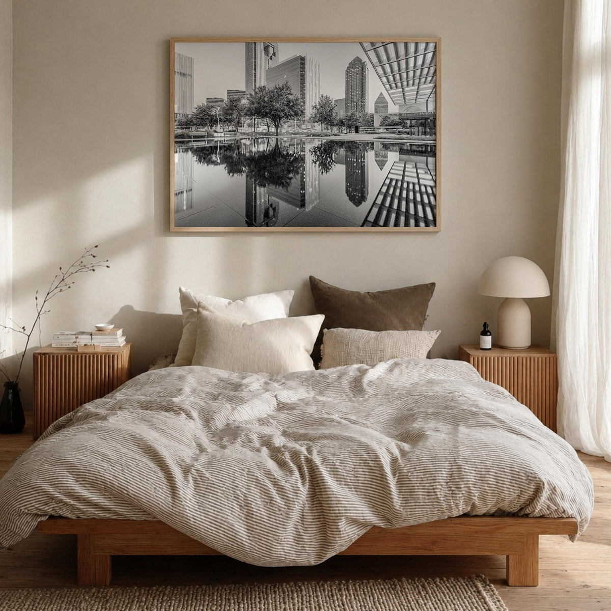 Dallas black & white photo poster of Texas, USA – horizontal wall art in natural wood frame, hanging on wall
