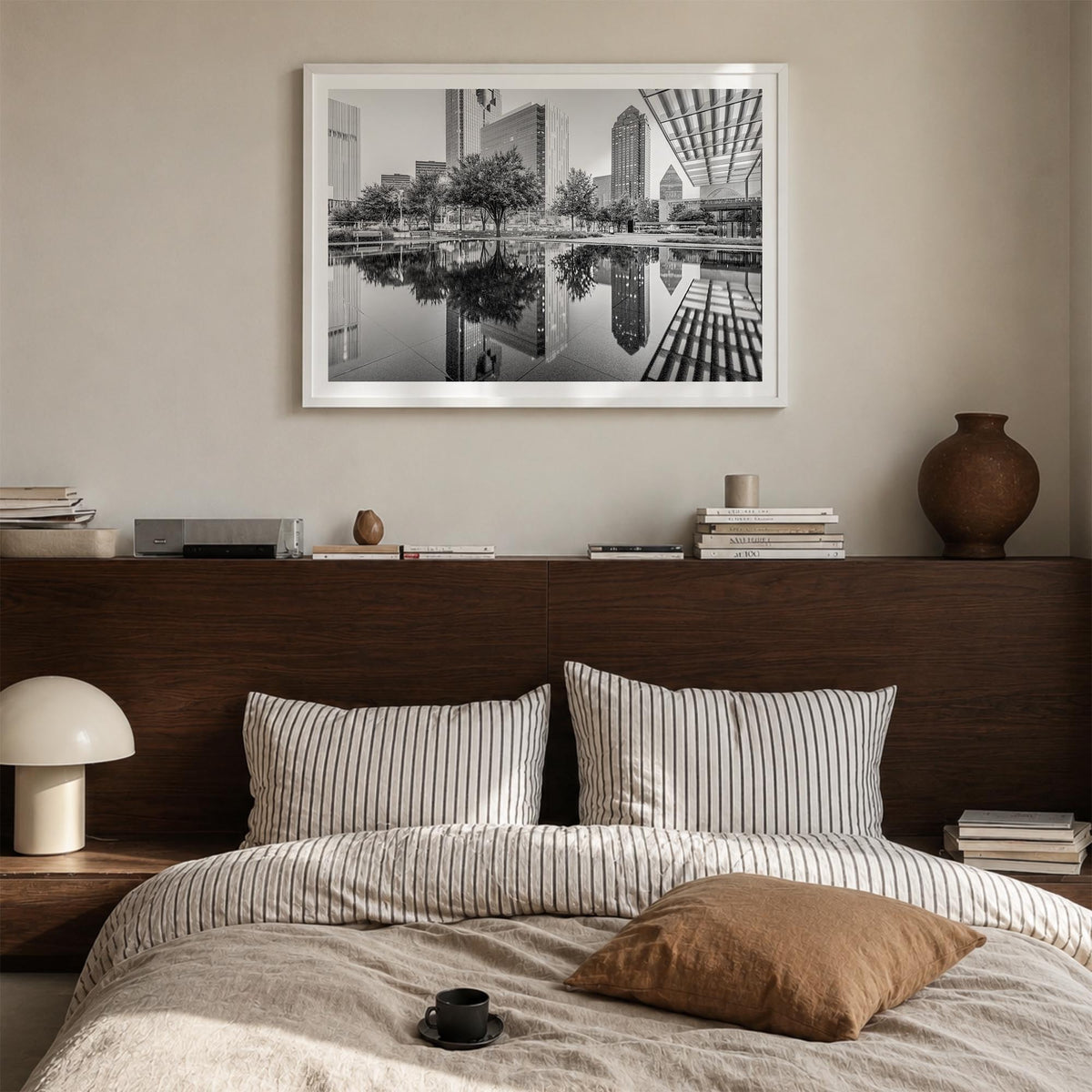 Dallas black & white photo poster of Texas, USA – horizontal wall art in white wood frame with white border, hanging on wall