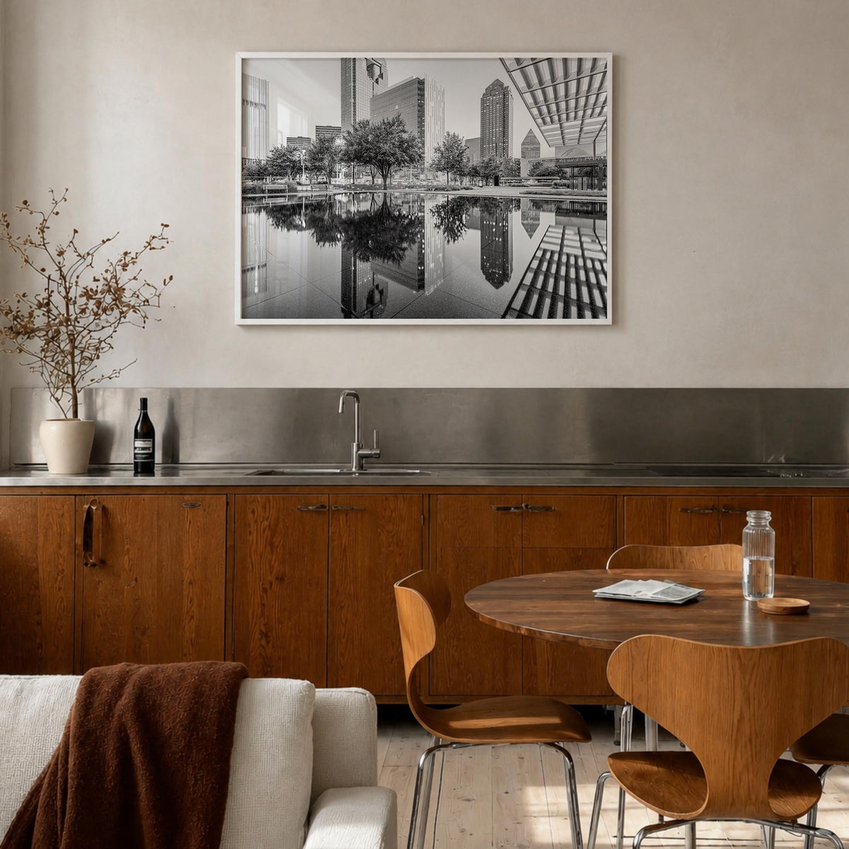 Dallas black & white photo poster of Texas, USA – horizontal wall art in white wood frame, hanging on wall