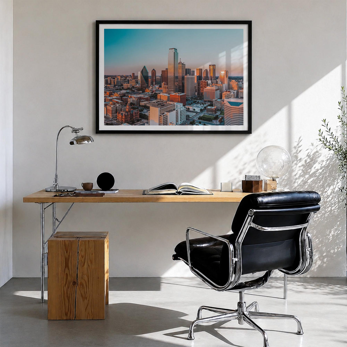 Dallas colorful photo poster of Texas, USA – horizontal wall art in black wood frame with white border, hanging on wall