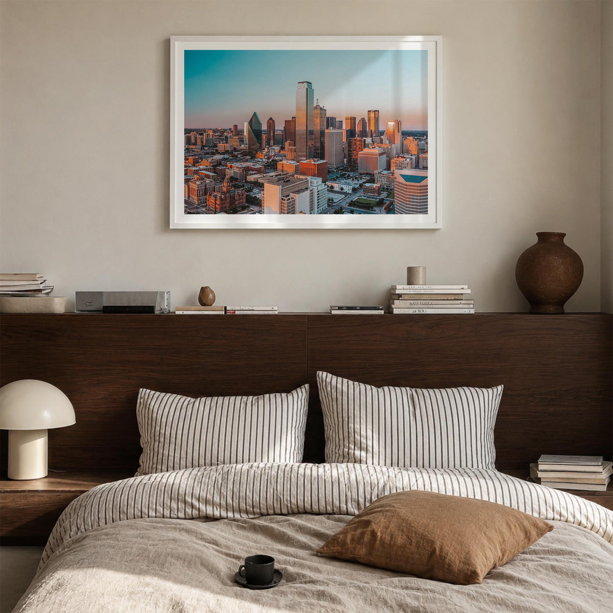Dallas colorful photo poster of Texas, USA – horizontal wall art in white wood frame with white border, hanging on wall