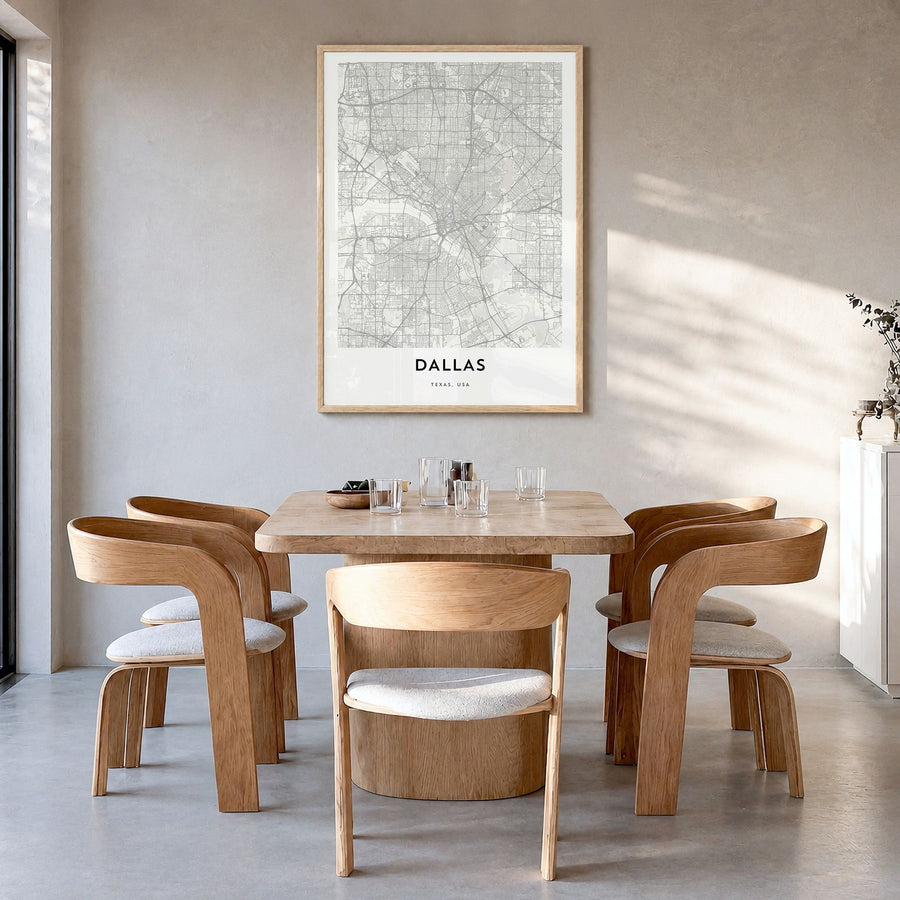 Dallas Map Poster in a natural wood frame, hanging in a dining room