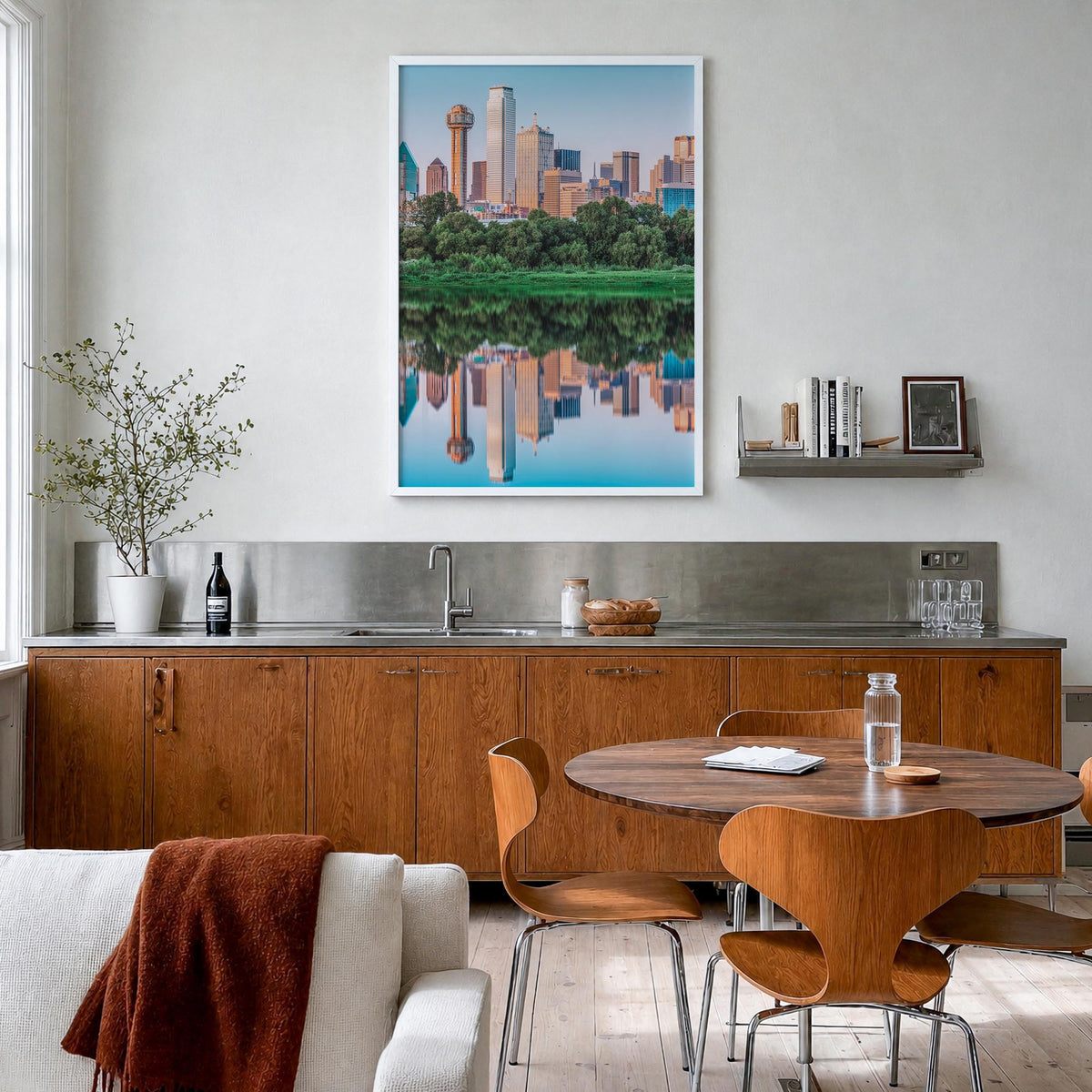 Dallas no. 1 colorful photo poster of Texas, USA – vertical wall art in white wood frame, hanging on wall