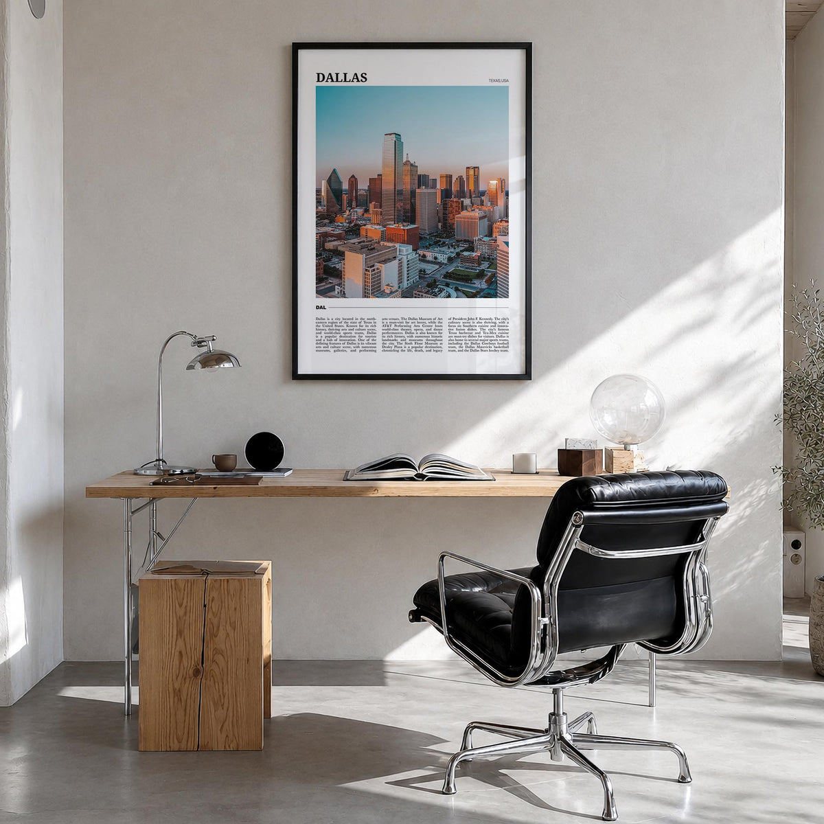 Dallas no. 1 colorful travel poster of Texas, USA – vertical wall art in black wood frame, hanging on wall