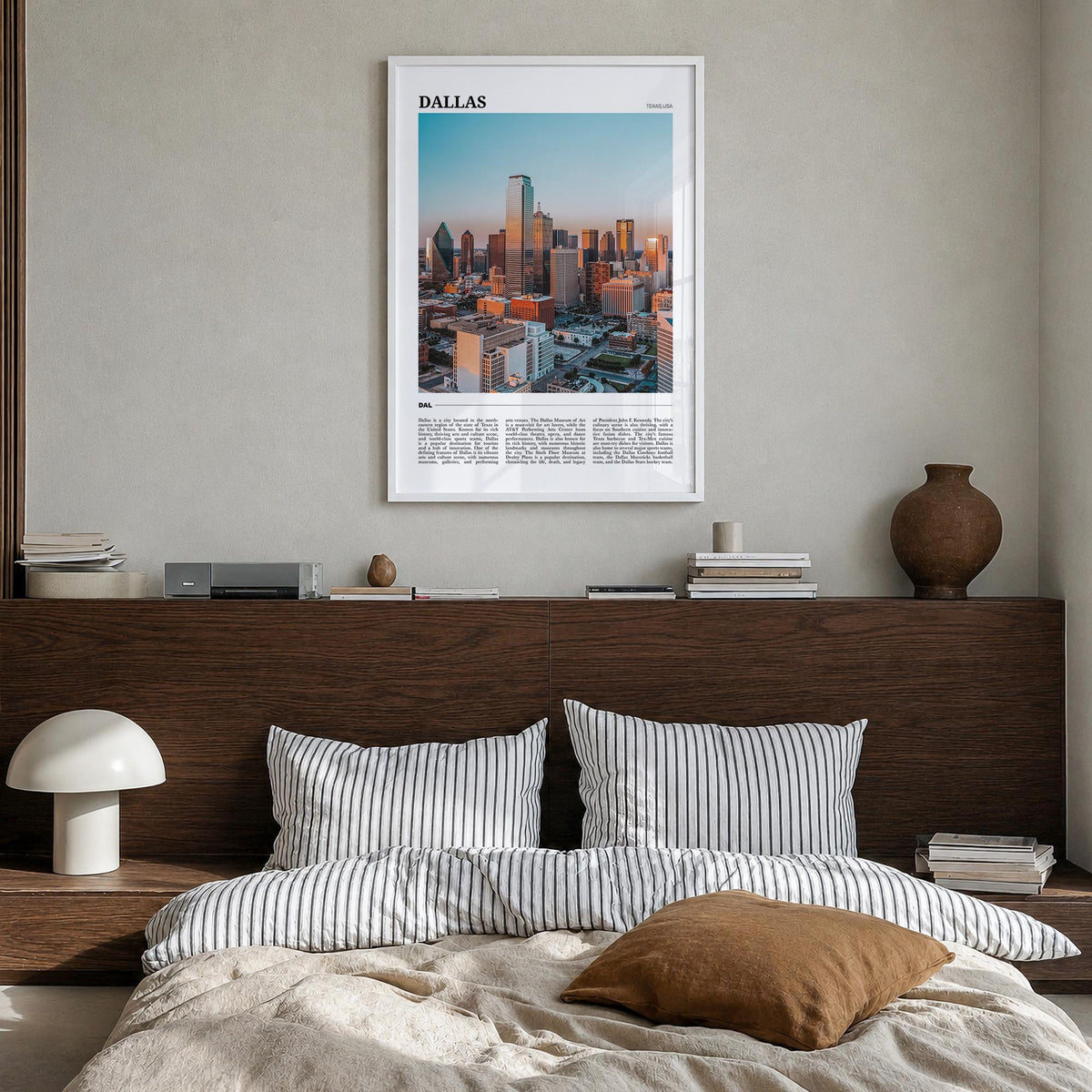 Dallas no. 1 colorful travel poster of Texas, USA – vertical wall art in white wood frame, hanging on wall