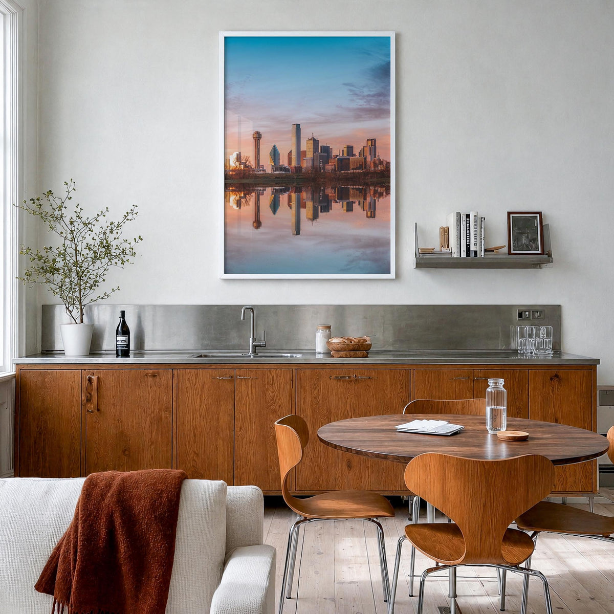 Dallas no. 2 colorful photo poster of Texas, USA – vertical wall art in white wood frame, hanging on wall