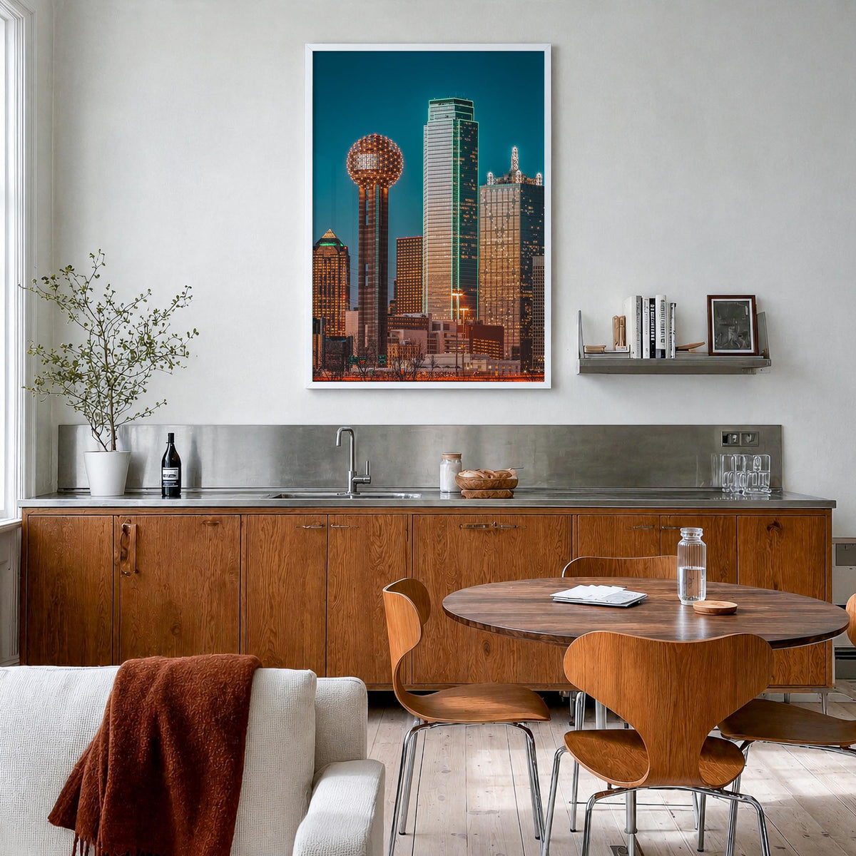 Dallas no. 3 colorful photo poster of Texas, USA – vertical wall art in white wood frame, hanging on wall