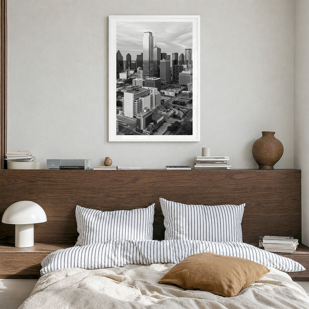 Dallas Photo No 1 Poster in a white wood frame, hanging in a bedroom, white border