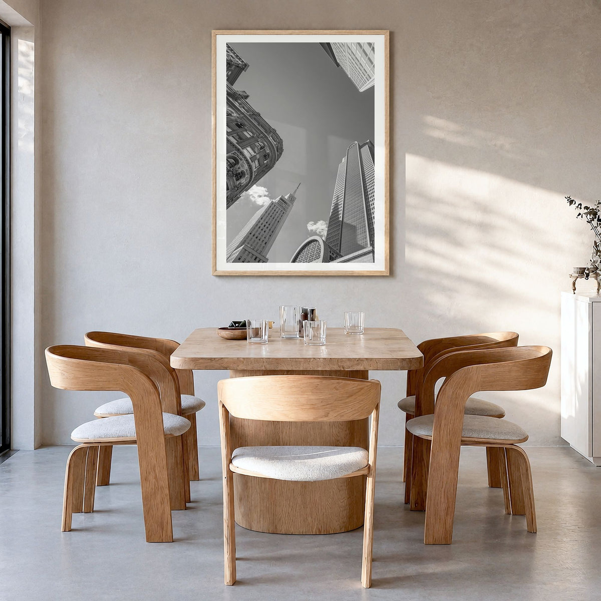 Dallas Photo No 2 Poster in a natural wood frame, hanging in a dining room, white border