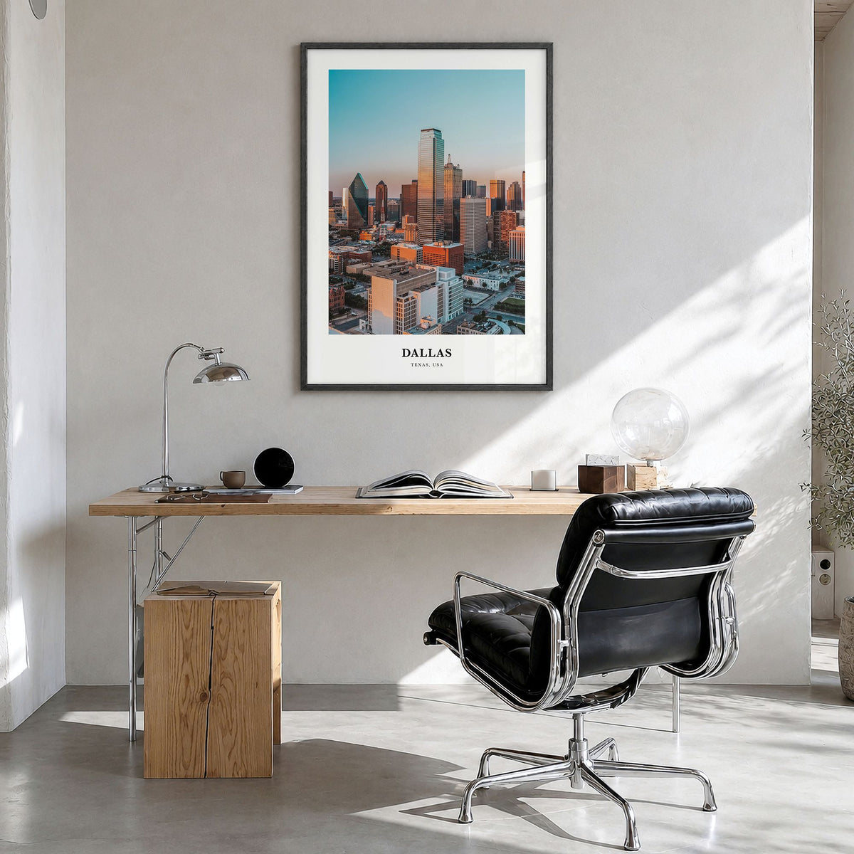 Dallas Classic No 1 Poster in a black wood frame, hanging in a bright home office